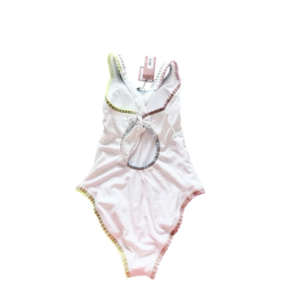 Solange Ferrarini x PQ Swim White Ribbed‎ Whipstitch One Piece Swimsuit M NEW